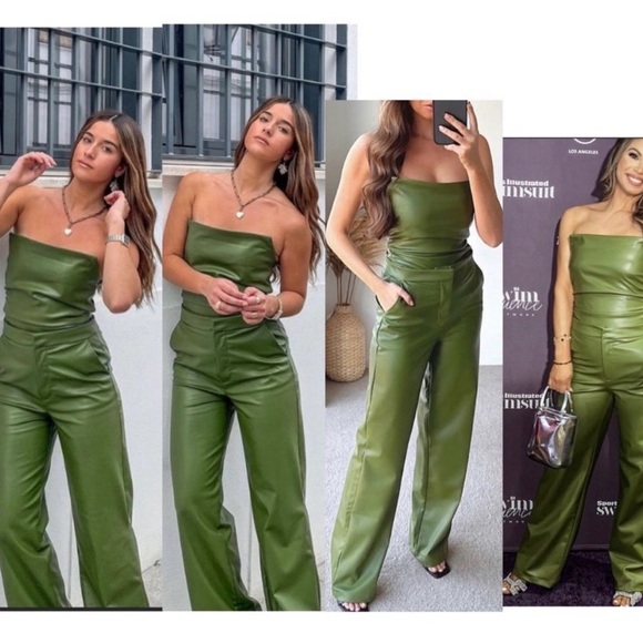 Zara Green high-rise faux leather pleather straight bootcut pants vegan XS - Picture 4 of 16